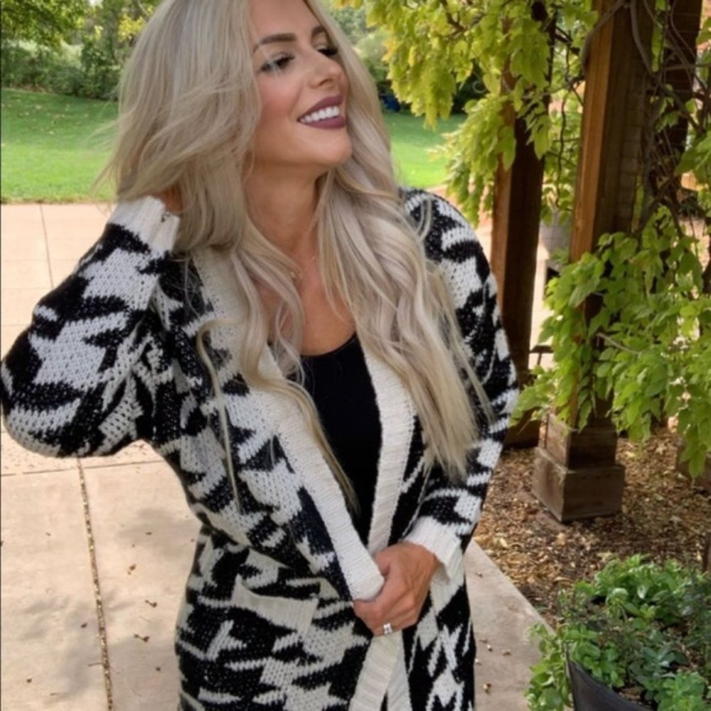 Houndstooth Open Cardigan Sweater M/L - Picture 2 of 4